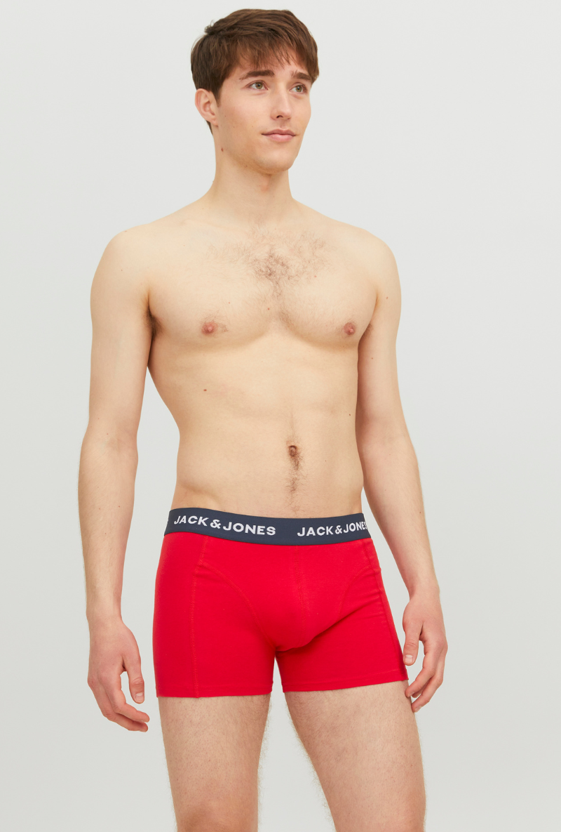 Front image of a model wearing Jack and jones james 3 pk trunks in navy, by brand Jack&jones