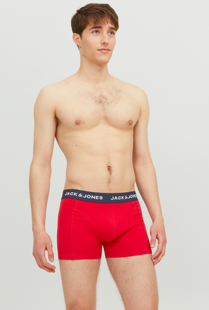 Front image of a model wearing the Jack and jones james 3 pk trunks in navy, by brand Jack&jones