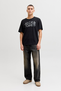 Front image of a model wearing the Jack and jones jeff logo tee in black, by brand Jack&jones