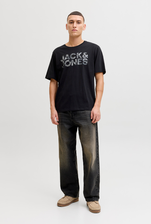 Front image of a model wearing the Jack and jones jeff logo tee in black, by brand Jack&jones
