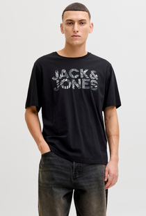 Front image of a model wearing the Jack and jones jeff logo tee in black, by brand Jack&jones