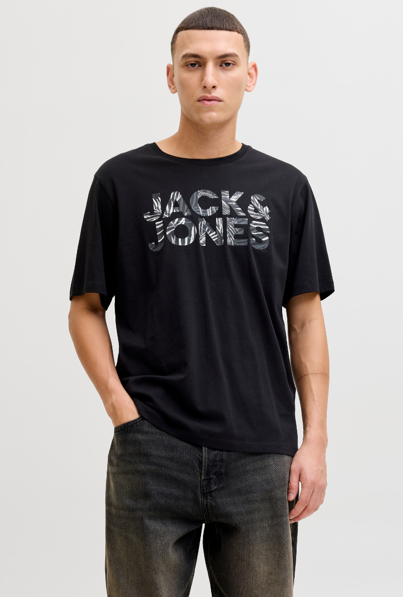 Front image of a model wearing Jack and jones jeff logo tee in black, by brand Jack&jones