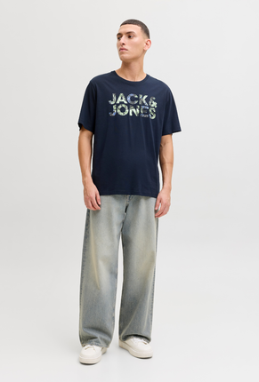 Front image of a model wearing Jack and jones jeff logo tee in navy, by brand Jack&jones