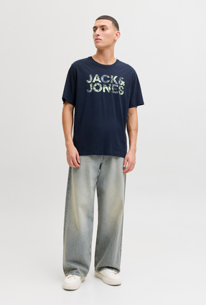 Front image of a model wearing the Jack and jones jeff logo tee in navy, by brand Jack&jones