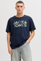 Front image of a model wearing the Jack and jones jeff logo tee in navy, by brand Jack&jones