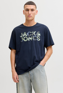 Front image of a model wearing the Jack and jones jeff logo tee in navy, by brand Jack&jones