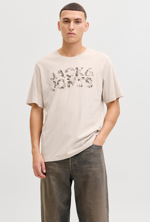 Front image of a model wearing the Jack and jones jeff logo tee in stone, by brand Jack&jones