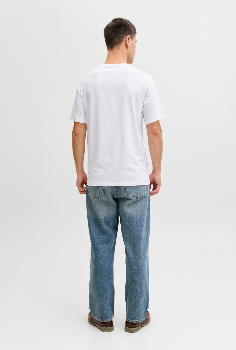 Back image of a model wearing Jack and jones jeff logo tee in white, by brand Jack&jones