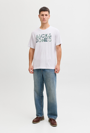 Front image of a model wearing the Jack and jones jeff logo tee in white, by brand Jack&jones