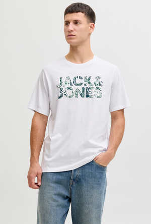 Front image of a model wearing the Jack and jones jeff logo tee in white, by brand Jack&jones