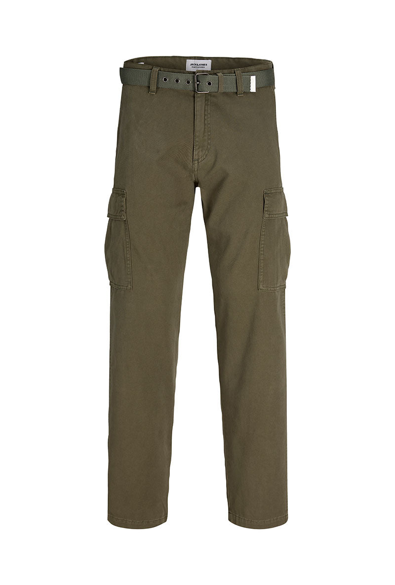 Front image of Kane hudson belted cargo in khaki, by brand Jack&jones