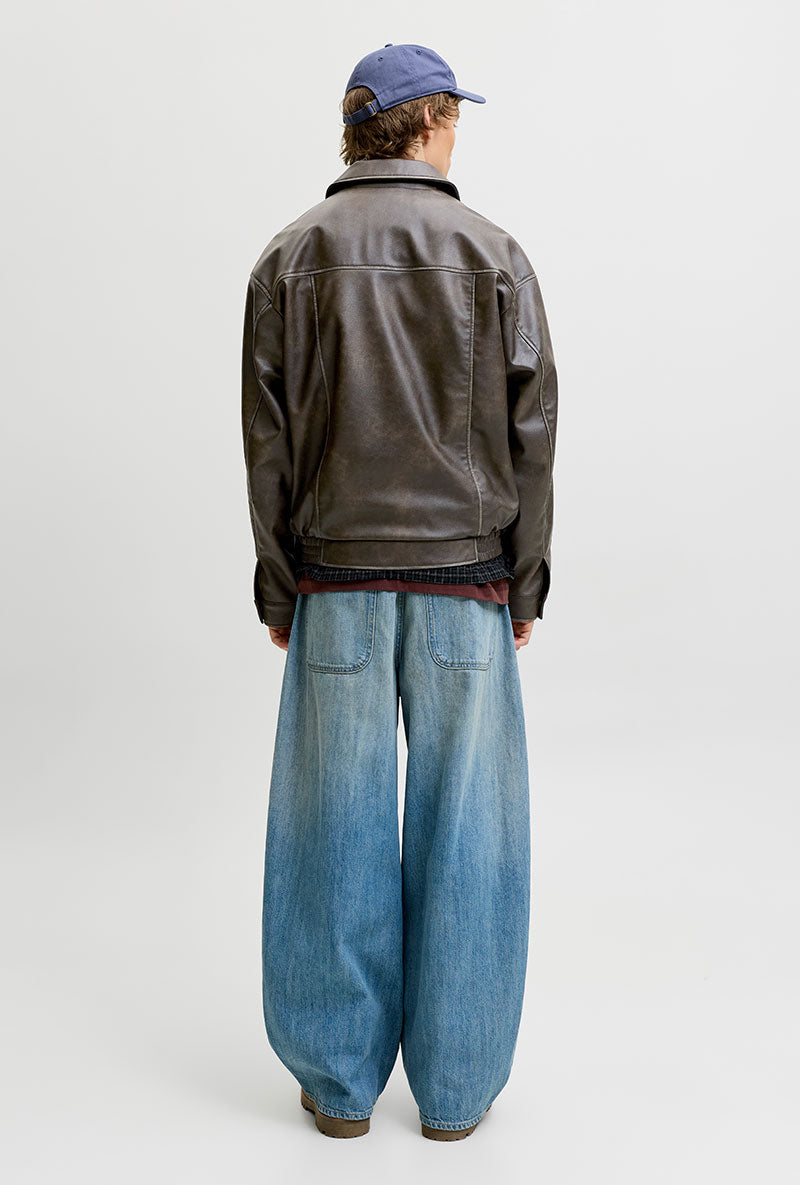 Back image of a model wearing Marlon pu jacket in brown, by brand Jack&jones