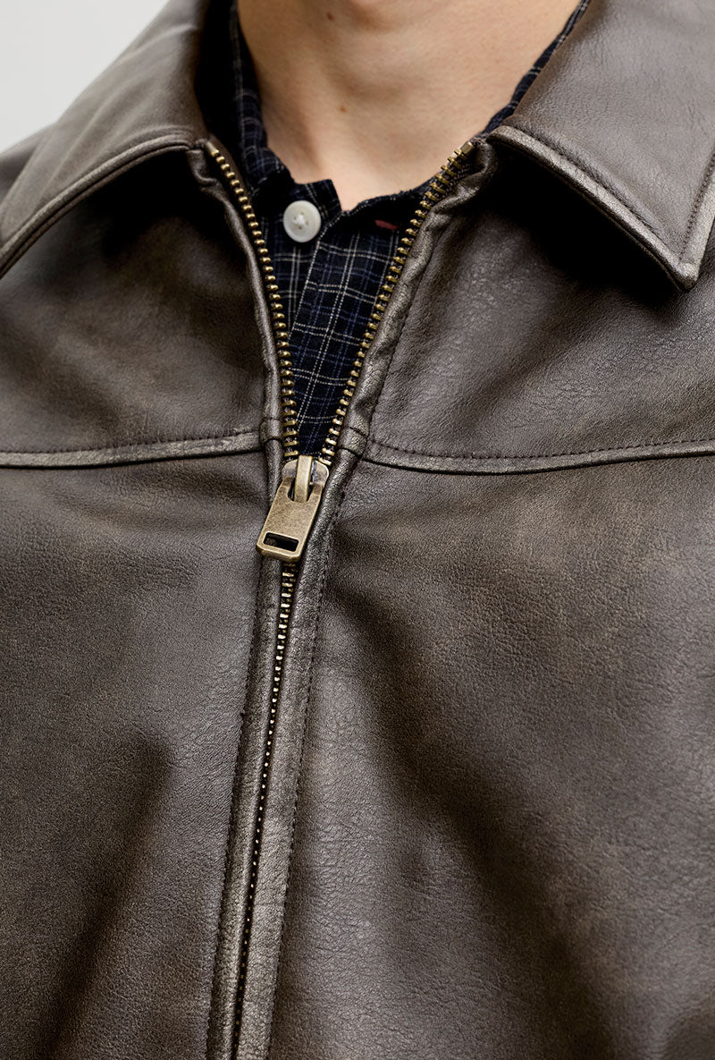 Front image of Marlon pu jacket in brown, by brand Jack&jones