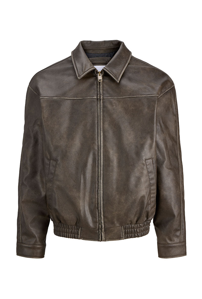 Front image of Marlon pu jacket in brown, by brand Jack&jones
