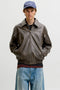 Front image of a model wearing Marlon pu jacket in brown, by brand Jack&jones