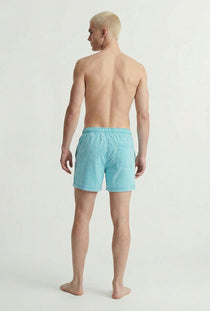 Back image of a model wearing the Maui vibrant wash swimshorts in blue, by brand Jack&jones