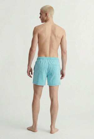 Back image of a model wearing the Maui vibrant wash swimshorts in blue, by brand Jack&jones