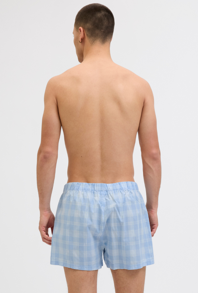 Back image of a model wearing Jack and jones milano woven 3 pk trunks in light blue, by brand Jack&jones