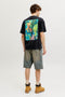 Back image of a model wearing the Montauk back graphic tee in black, by brand Jack&jones