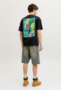 Back image of a model wearing the Montauk back graphic tee in black, by brand Jack&jones