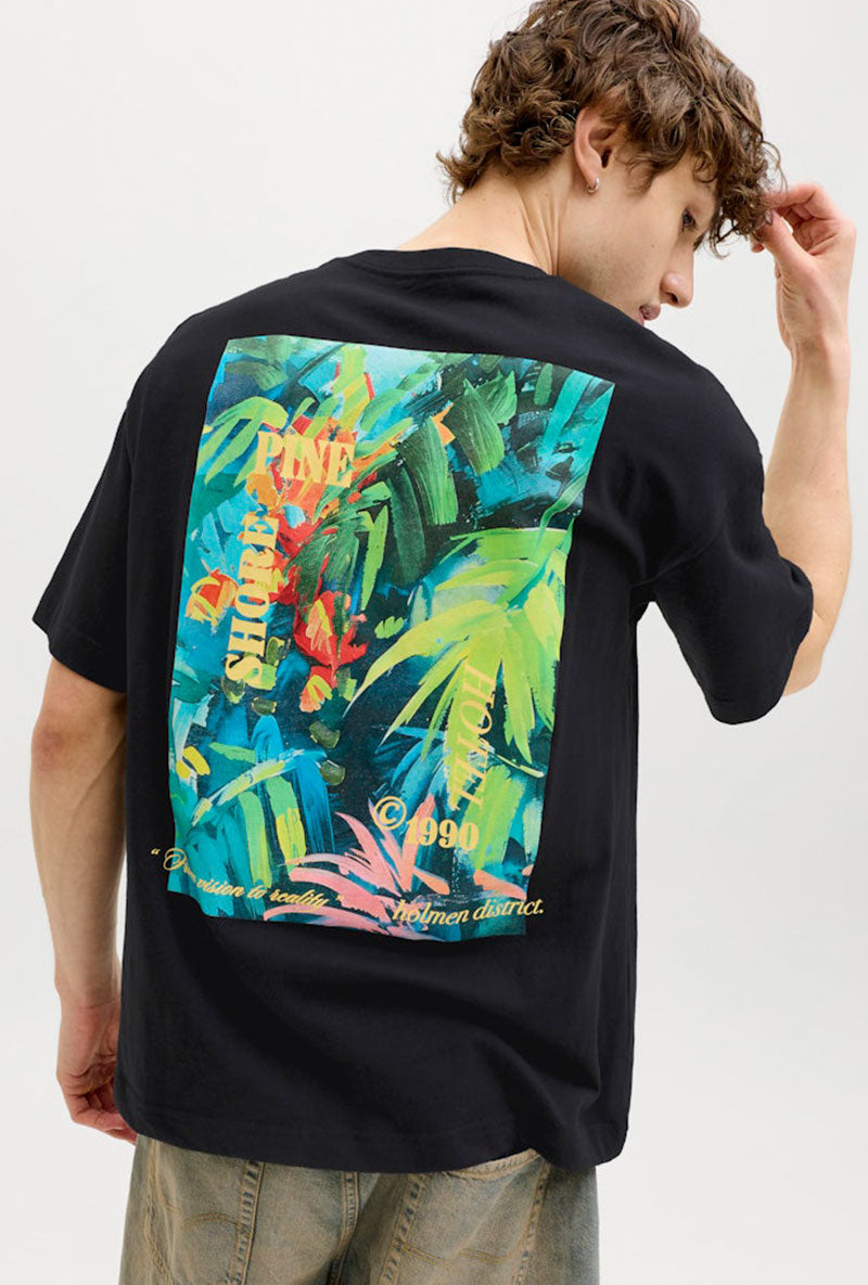 Back image of a model wearing Montauk back graphic tee in black, by brand Jack&jones