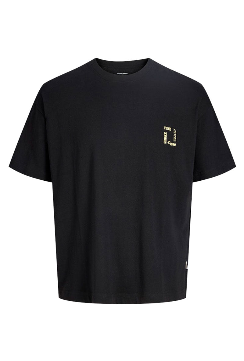 Front image of Montauk back graphic tee in black, by brand Jack&jones