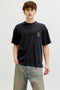 Front image of a model wearing Montauk back graphic tee in black, by brand Jack&jones
