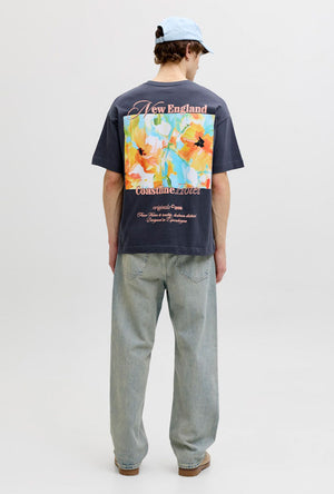 Back image of a model wearing the Montauk back graphic tee in charcoal, by brand Jack&jones