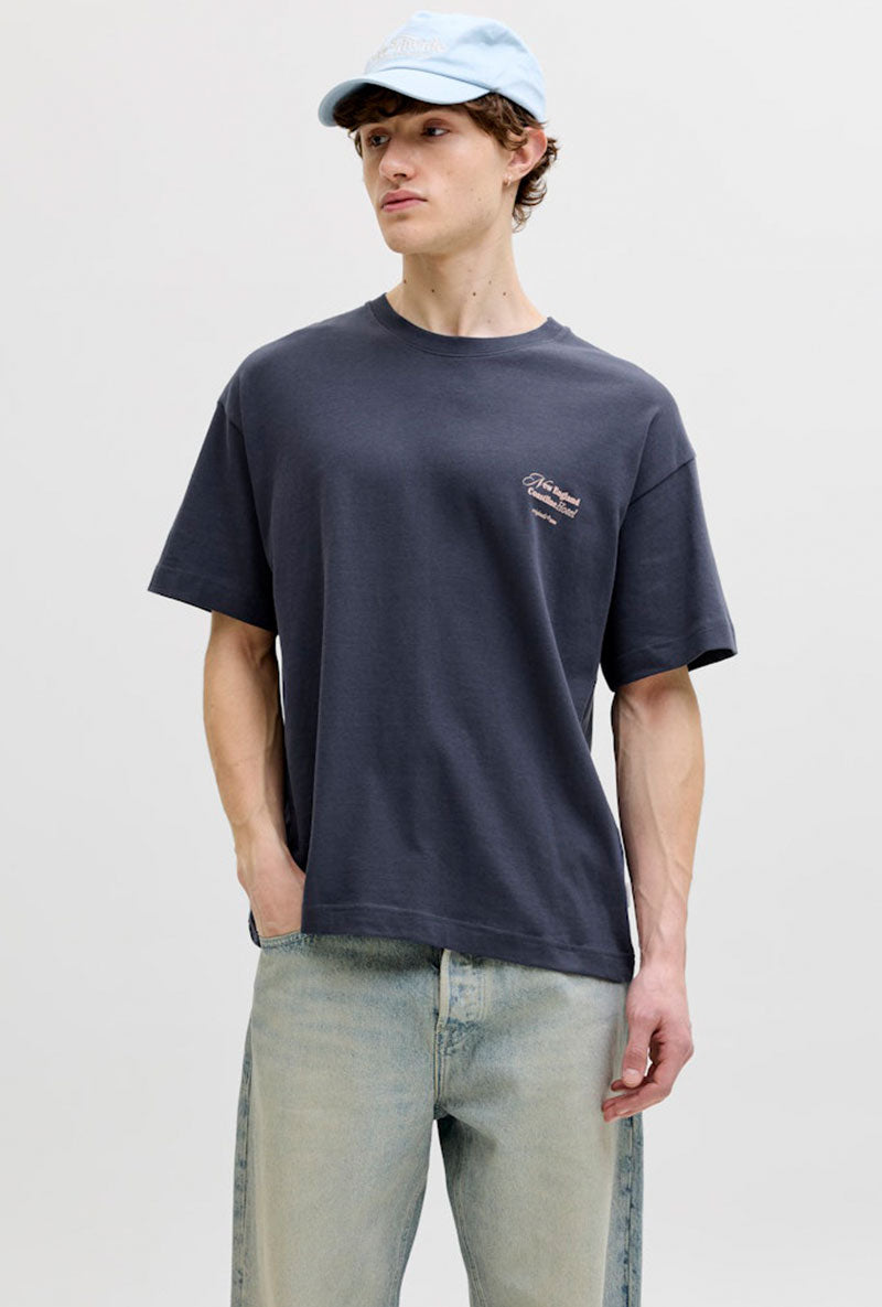 Front image of a model wearing Montauk back graphic tee in charcoal, by brand Jack&jones