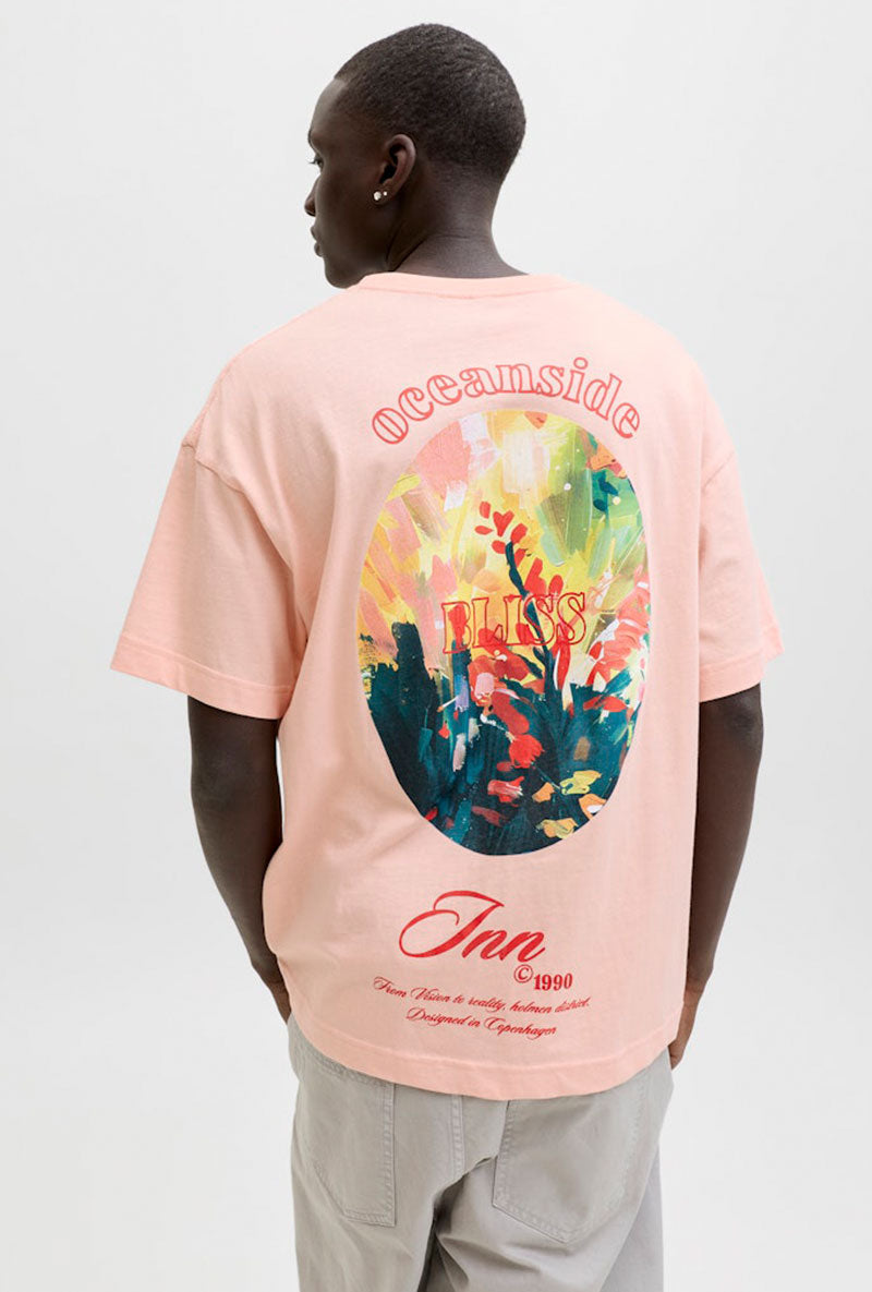 Back image of a model wearing Montauk back graphic tee in peach, by brand Jack&jones