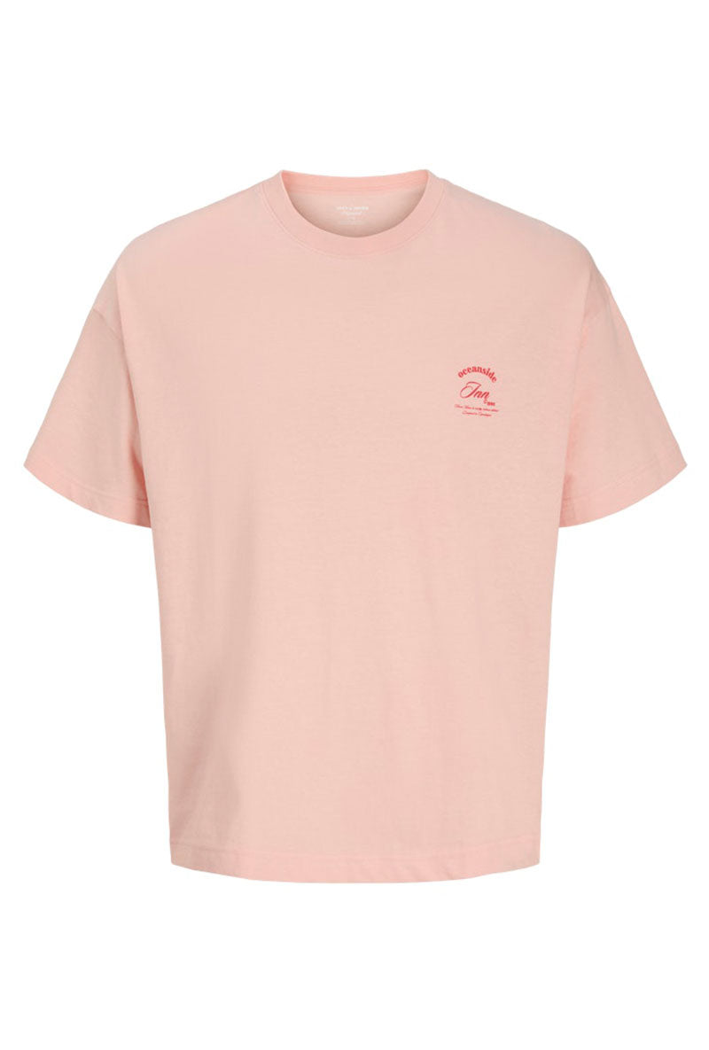 Front image of Montauk back graphic tee in peach, by brand Jack&jones