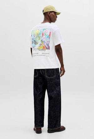 Back image of a model wearing the Montauk back graphic tee in white, by brand Jack&jones