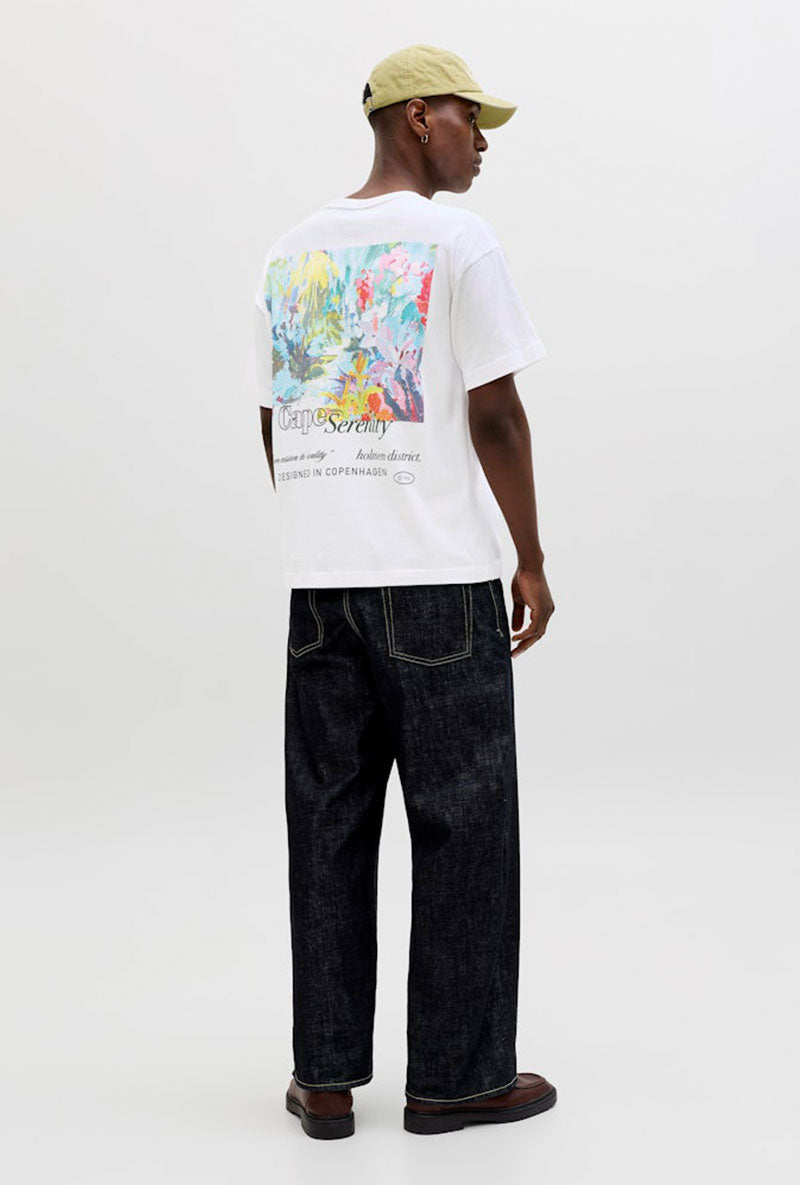 Back image of a model wearing Montauk back graphic tee in white, by brand Jack&jones