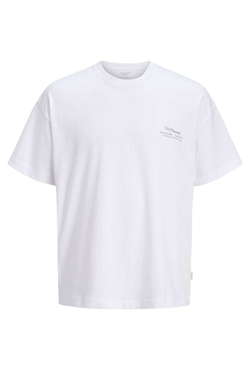 Front image of Montauk back graphic tee in white, by brand Jack&jones