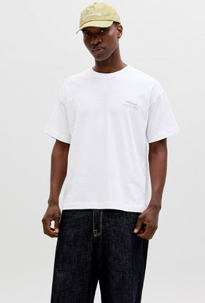 Front image of a model wearing Montauk back graphic tee in white, by brand Jack&jones
