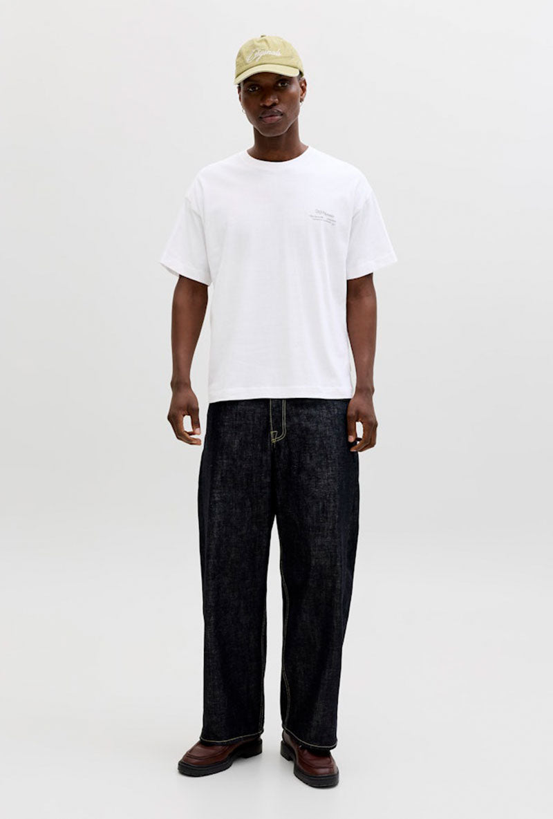 Front image of a model wearing Montauk back graphic tee in white, by brand Jack&jones
