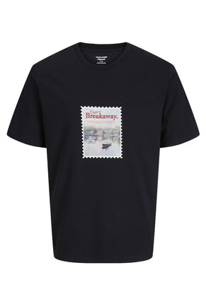 Front image of Montauk photo ss tee in black, by brand Jack&jones