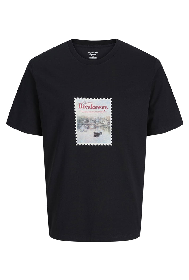Front image of Montauk photo ss tee in black, by brand Jack&jones