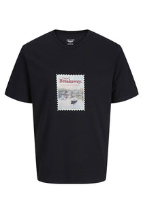 Front image of the Montauk photo ss tee in black, by brand Jack&jones