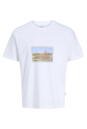 Front image of Montauk photo ss tee in white, by brand Jack&jones