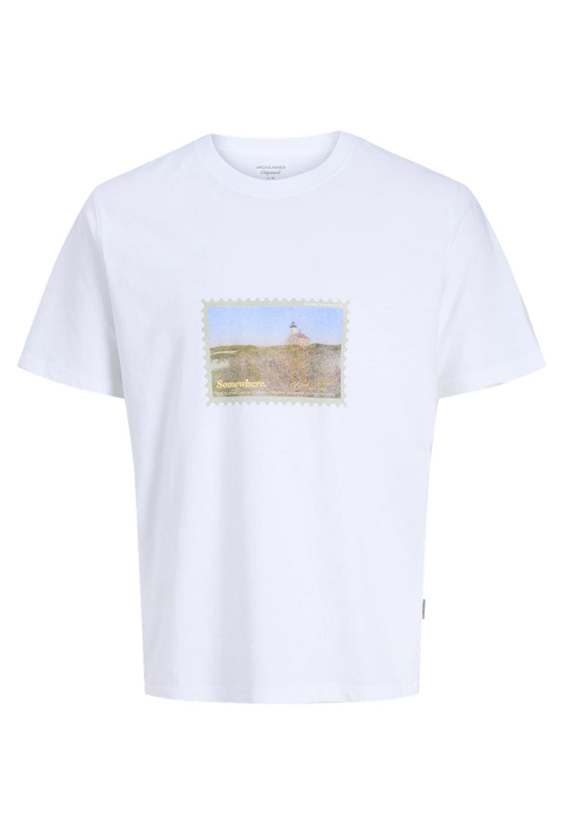 Front image of Montauk photo ss tee in white, by brand Jack&jones
