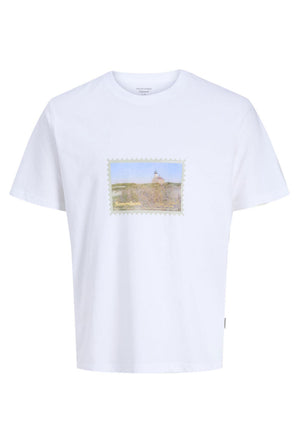 Front image of the Montauk photo ss tee in white, by brand Jack&jones