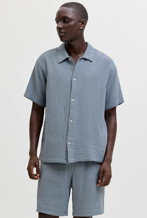 Front image of a model wearing Nantucket double cloth ss shirt in blue, by brand Jack&jones