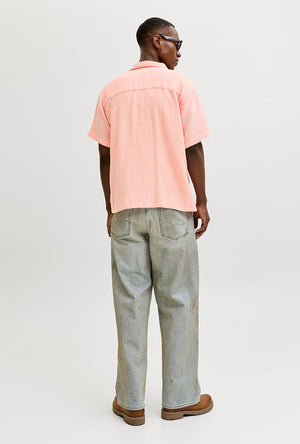 Back image of a model wearing the Nantucket double cloth ss shirt in peach, by brand Jack&jones