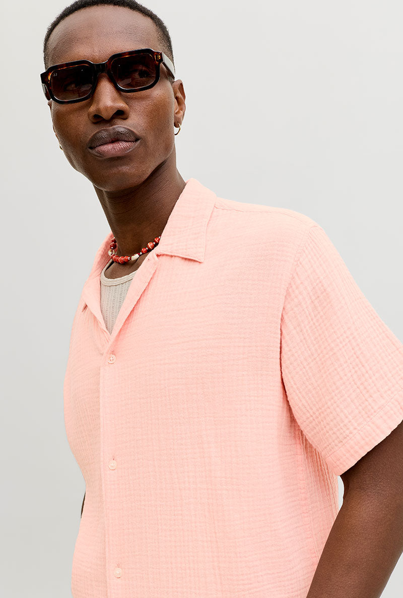 Front image of a model wearing Nantucket double cloth ss shirt in peach, by brand Jack&jones