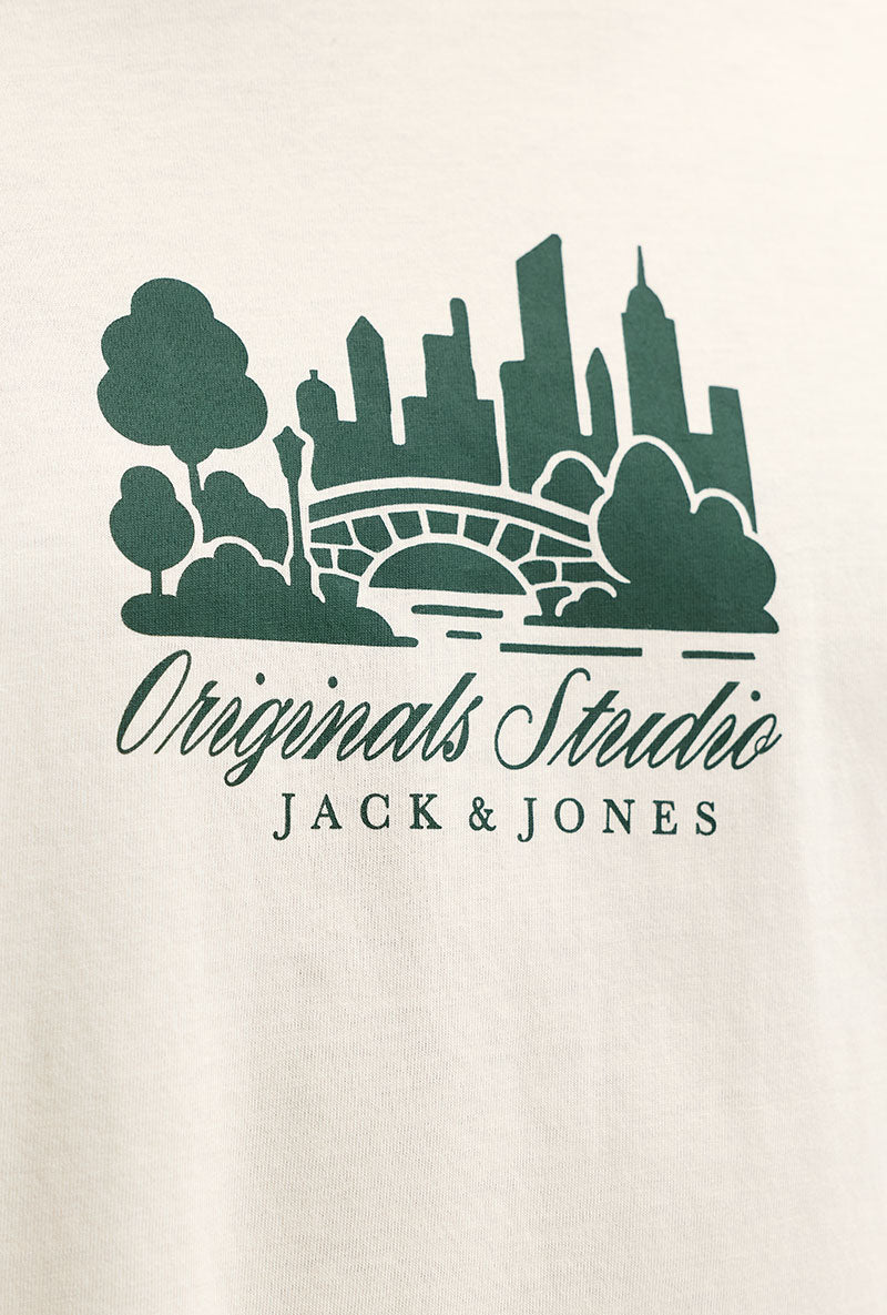 Front image of Norrebro skyline tee in cream, by brand Jack&jones