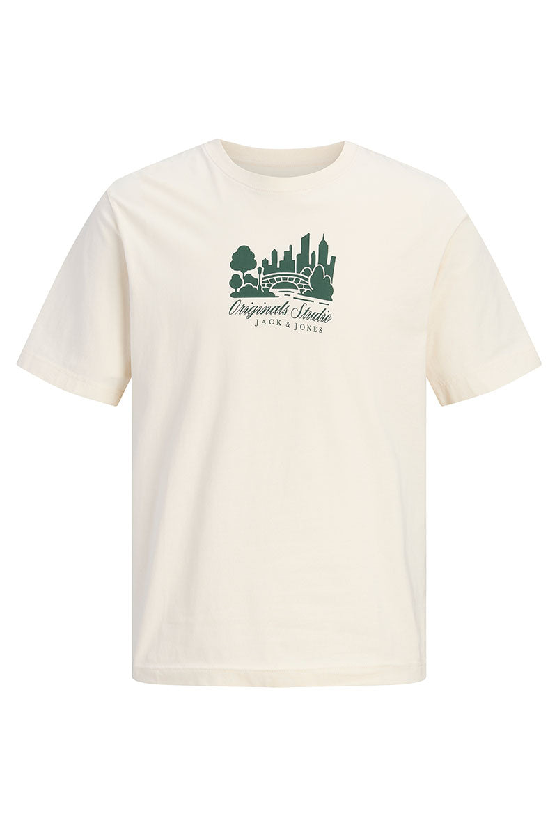 Front image of Norrebro skyline tee in cream, by brand Jack&jones