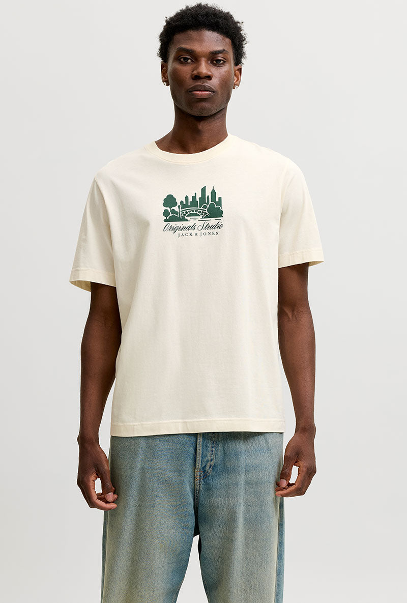 Front image of Norrebro skyline tee in cream, by brand Jack&jones