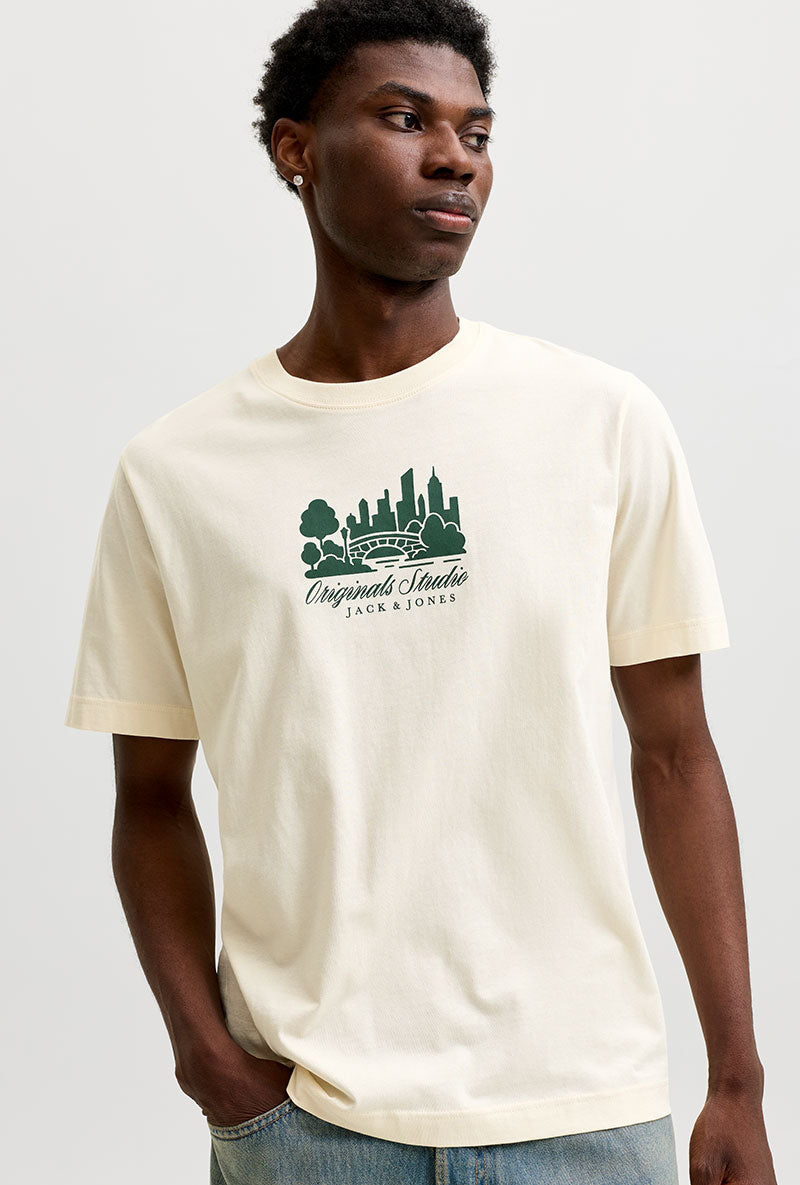 Front image of Norrebro skyline tee in cream, by brand Jack&jones