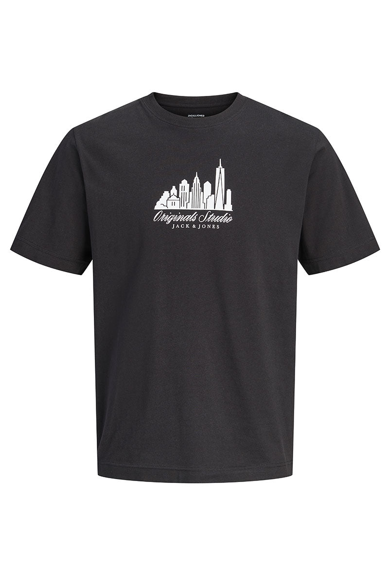 Front image of Norrebro skyline tee in black, by brand Jack&jones